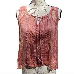 American Eagle -384 Outfitters Tassels Lace Boho Sheer Cami Over Tank Top Size S